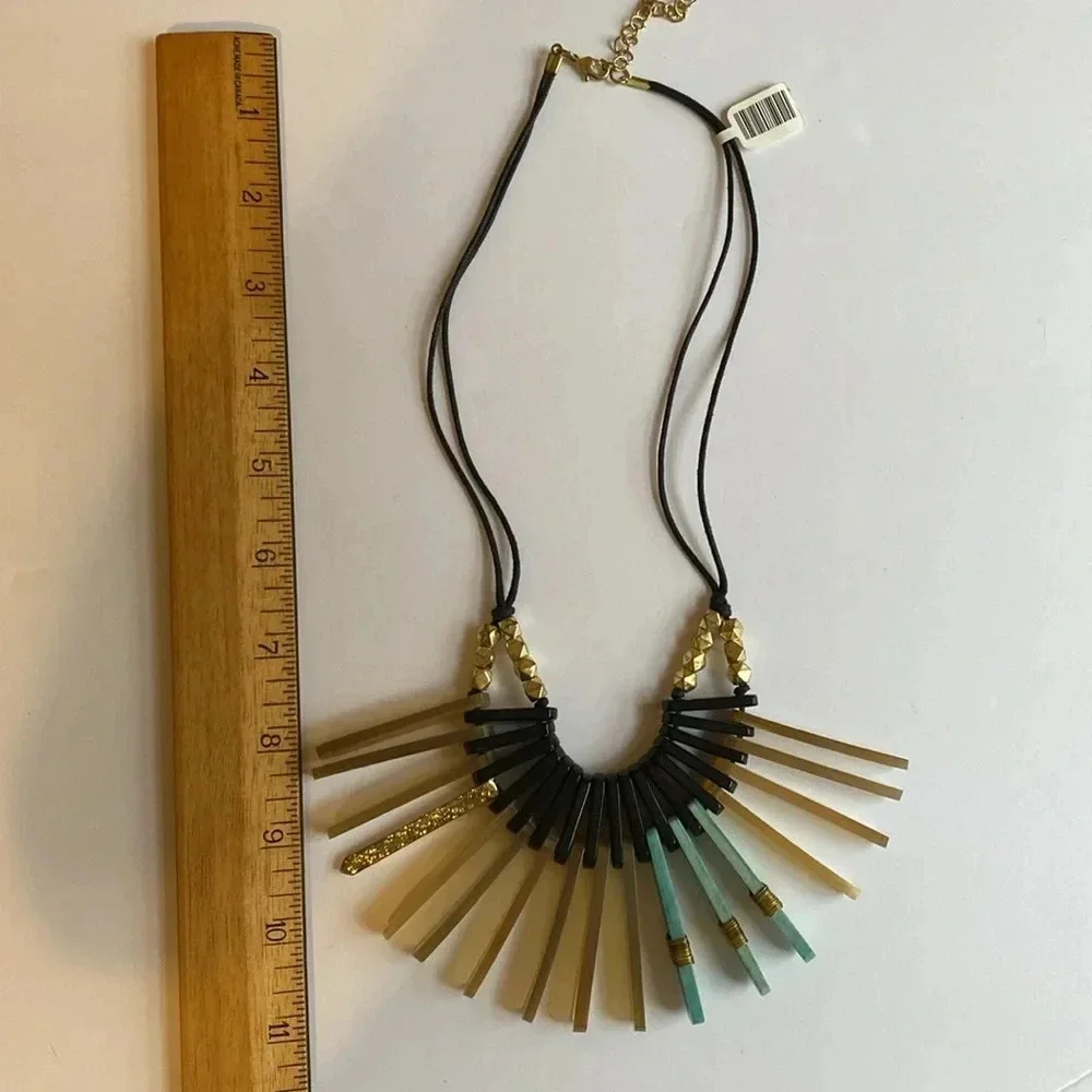 NEW Fair Trade Beaded Fan Statement Large Necklace Rope Gold Black Turquoise - Picture 9 of 12
